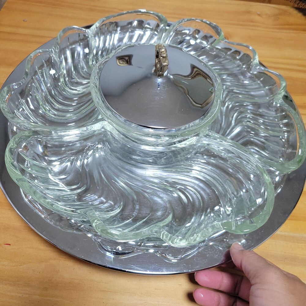 Kromex Lazy Susan Rotating Party Platter Revolving Chrome & Glass Relish Trey